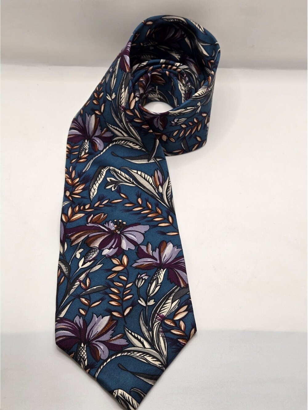 VTG Claybrooke Silk Tie Teal Purple Floral Art Nouveau Botanical Boho 90s Mens